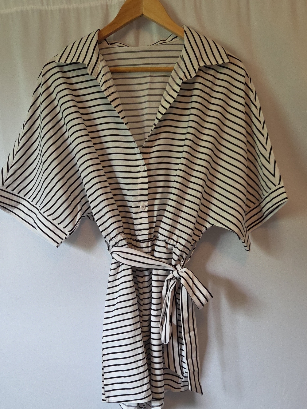 Button-Front Tie-Waist Striped Romper - White & Black